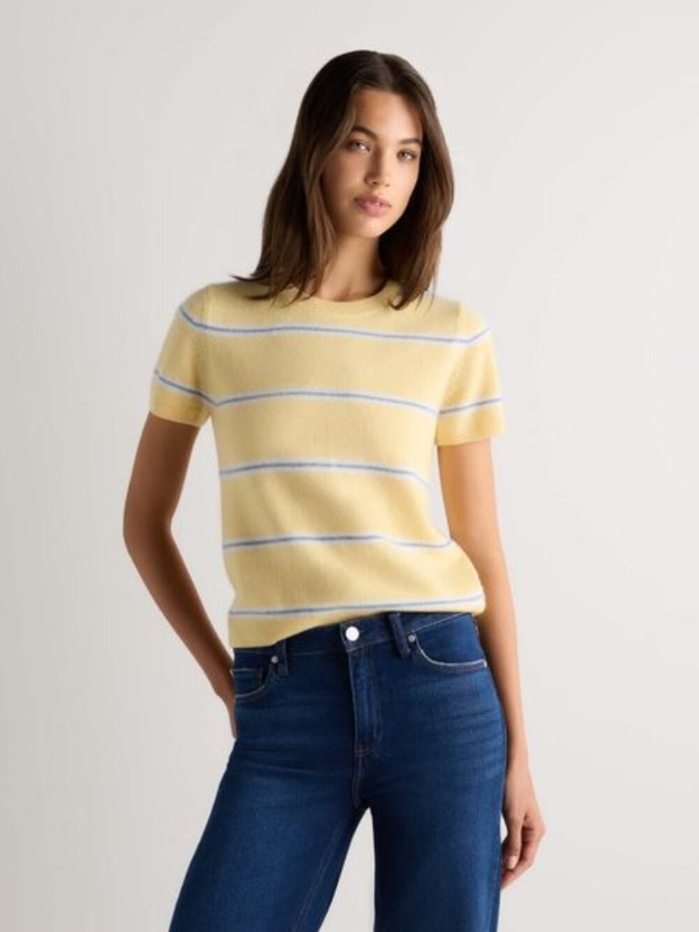 Quince Mongolian Cashmere Tee in Butter Yellow/Faded Denim Stripe - NWT  XS